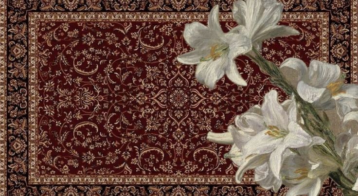white lilies on a burgundy persian carpet